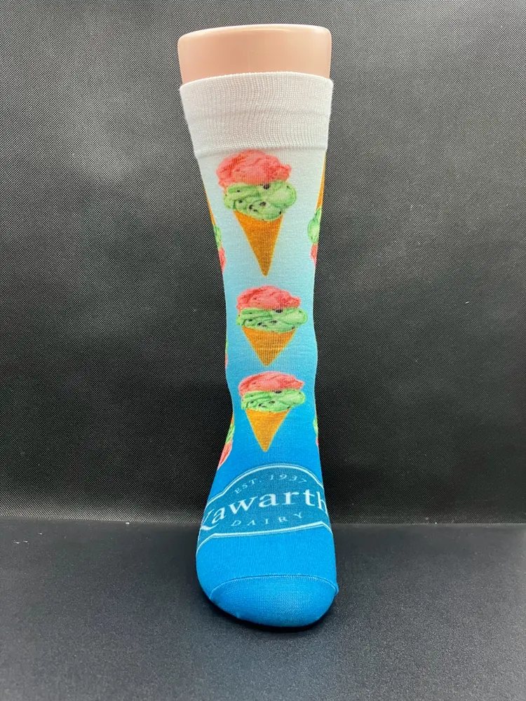 Colourful Kawartha custom sock with an ice cream pattern